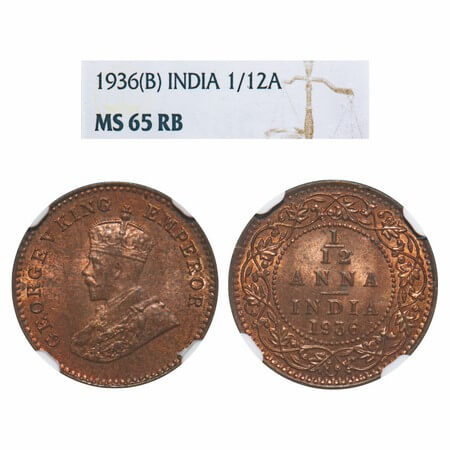 George V, Bronze, 1/12 Anna, 1936, Bombay Mint, Dot. F. Prid 857. GK 1252. NGC Slabbed MS 
