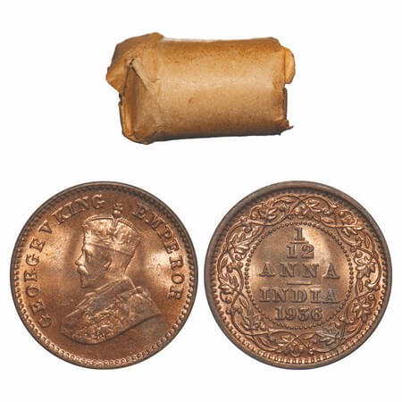 George V, Bronze, 1/12 Anna, (Roll of 24 coins), 1936, Calcutta Mint, No dot. F. Prid 850.