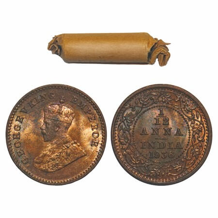 George V, Bronze, 1/12 Anna, 1936, (Roll of 24 coins), Calcutta Mint, No dot, 24 coins in 