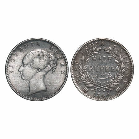 Victoria Queen, Silver, Half Rupee, 1840, CL, Bombay Mint, A/I, English Head, Wreath with 