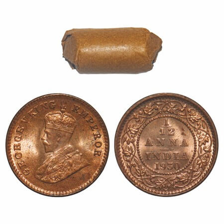 George V, Bronze, 1/12 Anna, (Roll of 24 coins), 1936, Calcutta Mint, No dot, Elephant. F.