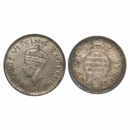 George VI, Silver, Rupee, 1938, Bombay Mint, A/I, No dot, Milled edge. F. Prid 233. GK 125