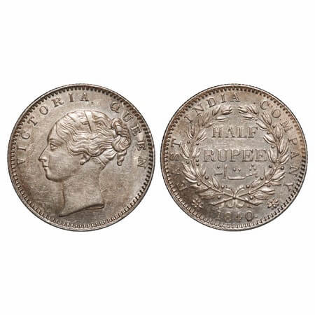 Victoria Queen, Silver, Half Rupee, 1840, CL, Bombay Mint, A/I, English Head, Fuller face,