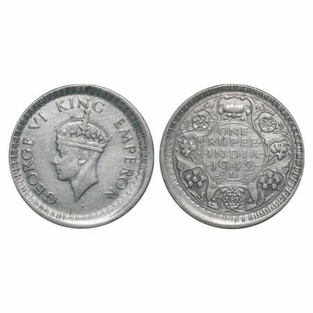 George VI, Half Silver, Rupee, 1942, Bombay Mint, B/II, Diamond, Security edge, Error, Bro