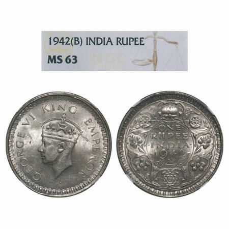 George VI, Half Silver, Rupee, 1942, Bombay Mint, B(a)/II, Diamond, Security edge, Medium 