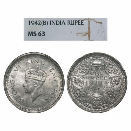 George VI, Half Silver, Rupee, 1942, Bombay Mint, B(a)/II, Diamond, Security edge. F. Prid