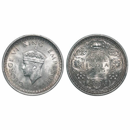 George VI, Half Silver, Rupee, 1943, Bombay Mint, B(a)/II, Diamond, Security edge, Small 3