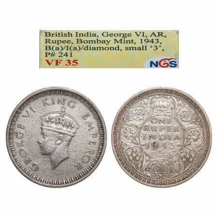 George VI, Half Silver, Rupee, 1943, Bombay Mint, B(a)/II, Diamond, Security edge, Small 3