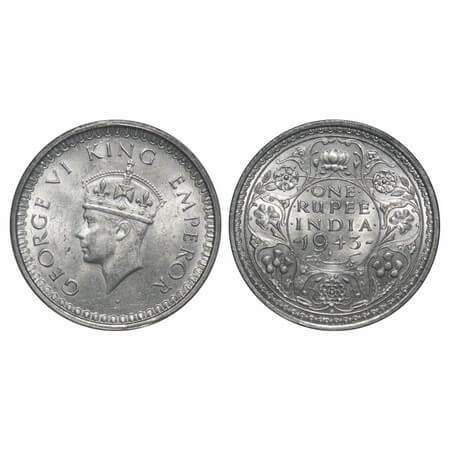 George VI, Half Silver, Rupee, 1943, Bombay Mint, B(a)/II, Diamond, Security edge, Small 3