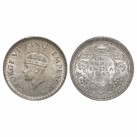 George VI, Half Silver, Rupee, 1943, Bombay Mint, A(b)/II, Diamond, Security edge, Small 3