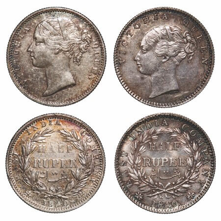 Victoria Queen, Silver, Half Rupee, (2 coins), 1840, 1) CL, Bombay Mint, A/I, English Head