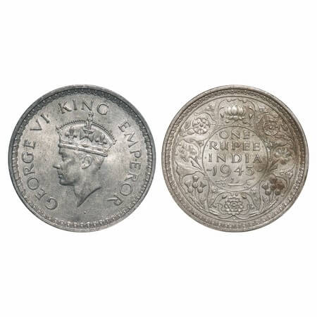 George VI, Half Silver, Rupee, 1943, Bombay Mint, C/II, Diamond, Security edge, Small 3, M