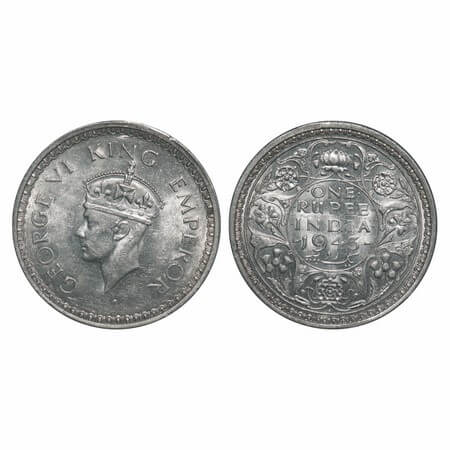 George VI, Half Silver, Rupee, 1943, Bombay Mint, C/II, Diamond, Security edge, Small 3, M