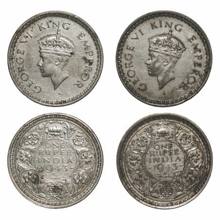 George VI, Half Silver, Rupee, (2 coins), 1943, Bombay Mint, C/II, Diamond, Security edge,