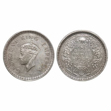 George VI, Half Silver, Rupee, 1943, Bombay Mint, B(a)/III, Diamond, Security edge, The fi