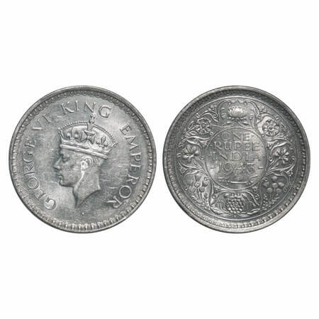 George VI, Half Silver, Rupee, 1943, Bombay Mint, C/III, Diamond, Security edge, Large 3, 