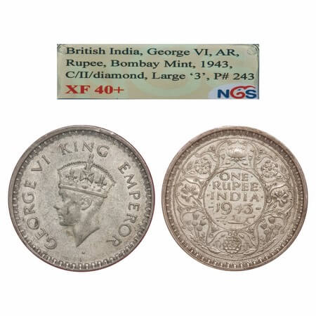 George VI, Half Silver, Rupee, 1943, Bombay Mint, C/III, Diamond, Security edge, Large 3, 