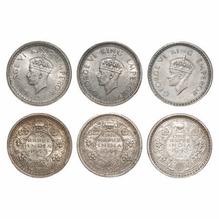 George VI, Half Silver, Rupee, (3 coins), 1) 1943, Bombay Mint, C/III, Diamond, Security e