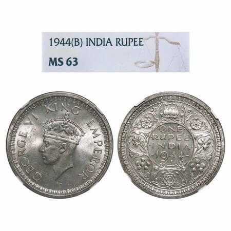 George VI, Half Silver, Rupee, 1944, Bombay Mint, D/II, Dot, Security edge, Medium head. F