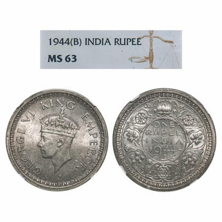 George VI, Half Silver, Rupee, 1944, Bombay Mint, D/II, Dot, Security edge. F. Prid 245. G