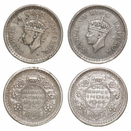 George VI, Half Silver, Rupee, (2 coins), 1944, Lahore Mint, D/II, 'L' raised, Security ed