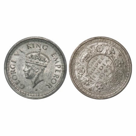 George VI, Half silver, Rupee, 1945, Bombay Mint, D/II, Dot, Security edge, Normal 5, Erro