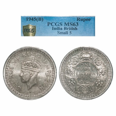 George VI, Half Silver, Rupee, 1945, Bombay Mint, D/II, Dot, Security edge, Normal 5. F. P