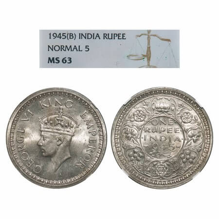 George VI, Half Silver, Rupee, 1945, Bombay Mint, D/II, Dot, Security edge, Normal 5. F. P