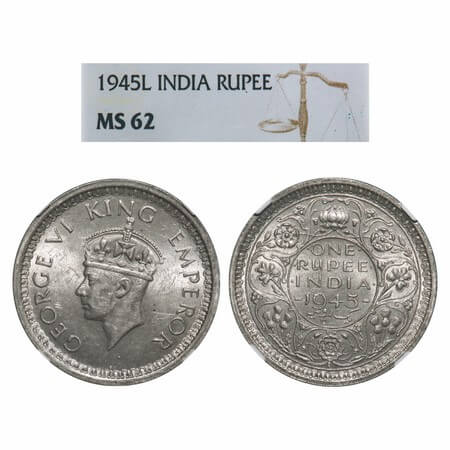 George VI, Half Silver, Rupee, 1945, Lahore Mint, D/II, 'L' raised, Security edge, Normal 