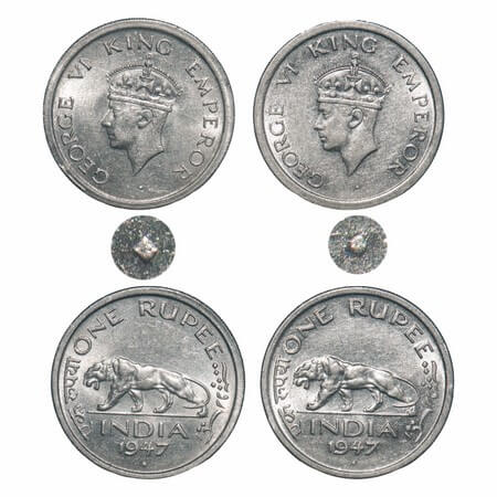 George VI, Nickel, Rupee, (2 coins), 1947, Bombay Mint, E/IV, Diamond, Security edge, 1) S