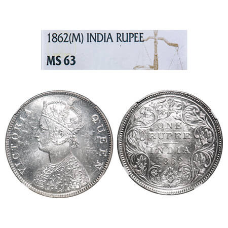 Victoria Queen, Silver, Rupee, 1862, Madras Mint, B/II. F. Prid Unlisted. GK 265. NGC Slab