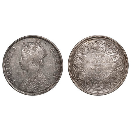 Victoria Queen, Silver, Rupee, 1862, Madras Mint, B/II/0/0, With enclosed frame effect and