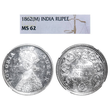 Victoria Queen, Silver, Rupee, 1862, Madras Mint, B/II. F. Prid 57. GK 266. NGC Slabbed MS