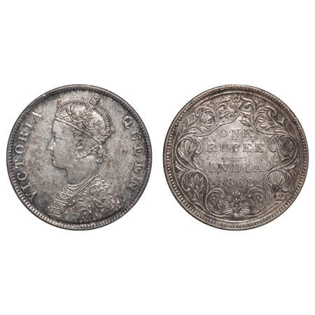 Victoria Queen, Silver, Rupee, 1862, Madras Mint, B/II/0/0, Embriodery re touched at some 