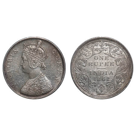 Victoria Queen, Silver, Rupee, 1862, Bombay Mint, B/II(ii), Pineapple like buds at Four di