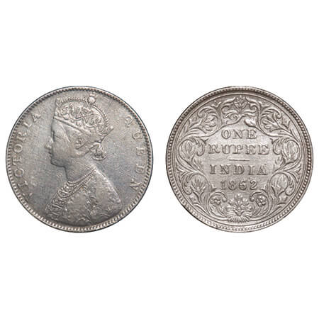 Victoria Queen, Silver, Rupee, 1862, Bombay Mint, D/II, The Queens jabot has 5 panels, The
