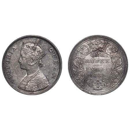 Victoria Queen, Silver, Rupee, 1862, Bombay Mint, B/II/1/0, Inclined 1, A prominent ghost 