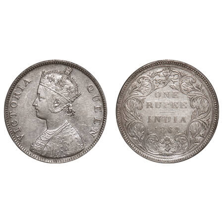 Victoria Queen, Silver, Rupee, 1862, Bombay Mint, B/II/0/3, w/o initial 'J', Large dots, D