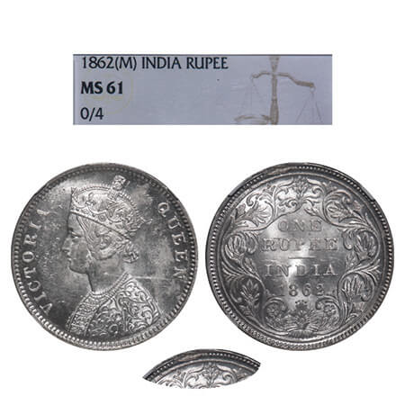 Victoria Queen, Silver, Rupee, 1862, Bombay Mint, A/II/0/4, w/o initial 'J', The slab ment