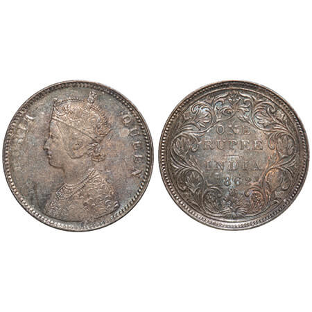 Victoria Queen, Silver, Rupee, 1862, Bombay Mint, A/II/0/4, w/o initial 'J'. F. Prid 79. G