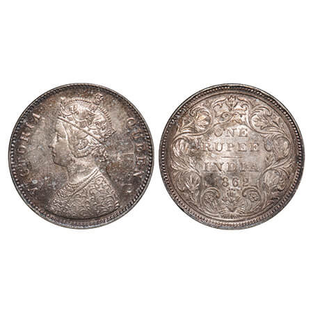 Victoria Queen, Silver, Rupee, 1862, Bombay Mint, A/II/0/4, w/o initial 'J'. F. Prid 79. G