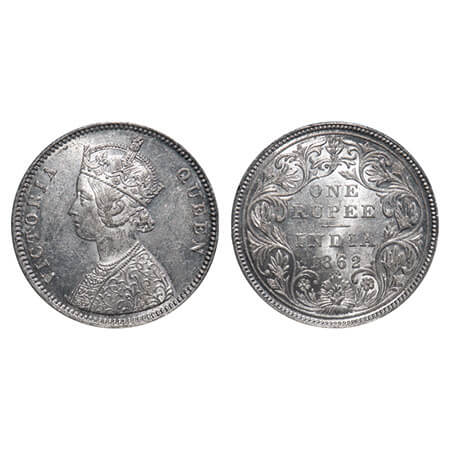 Victoria Queen, Silver, Rupee, 1862, Bombay Mint, A/II/0/4, w/o initial 'J'. F. Prid 79. G