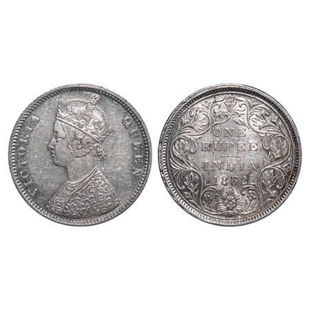 Victoria Queen, Silver, Rupee, 1862, Bombay Mint, A/II/0/7, With initial 'J'. F. Prid 87. 