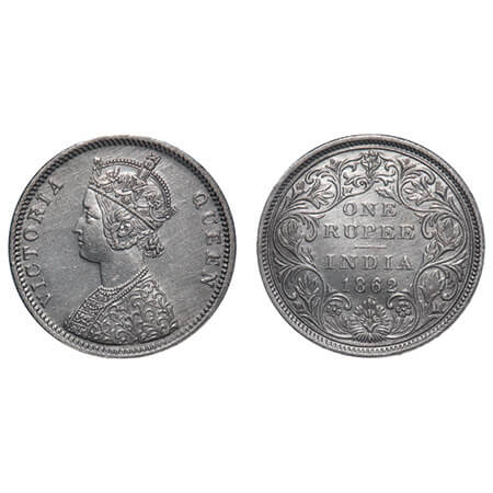 Victoria Queen, Silver, Rupee, 1862, Bombay Mint, A/II/0/7, With initial 'J'. F. Prid 87. 