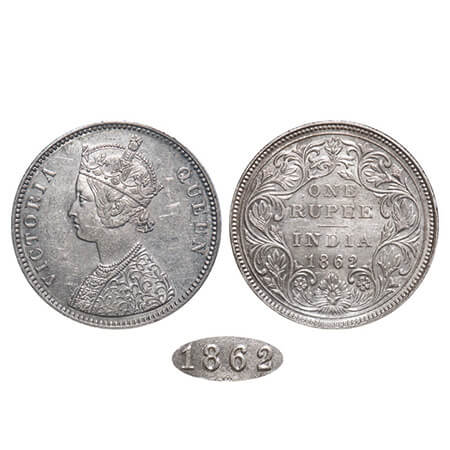 Victoria Queen, Silver, Rupee, 1862, Bombay Mint, A/II/0/7, w/o initial 'J', Mechanical di