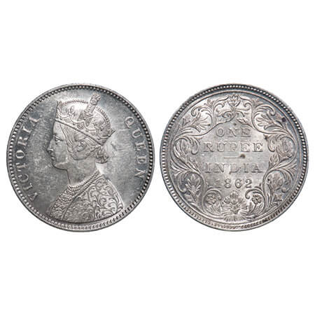 Victoria Queen, Silver, Rupee, 1862, Bombay Mint, A/II/0/10, w/o initial 'J', Top curve of