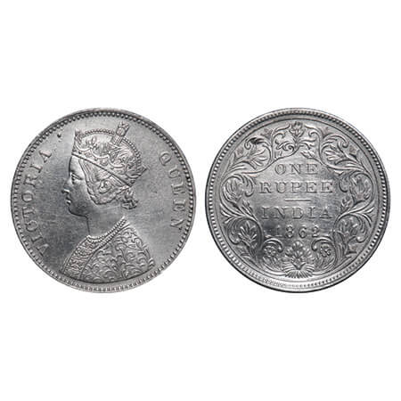 Victoria Queen, Silver, Rupee, 1862, Bombay Mint, A/II/0/10, w/o initial 'J'. F. Prid 93. 