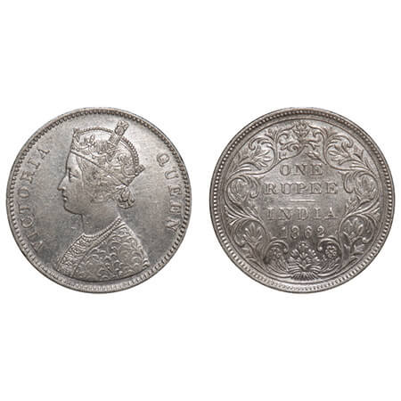 Victoria Queen, Silver, Rupee, 1862, Bombay Mint, A/II/0/10, w/o initial 'J', 10 dots arra