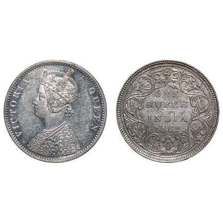 Victoria Queen, Silver, Rupee, 1862, Bombay Mint, A/II/1/2, With initial 'J'. F. Prid 103.
