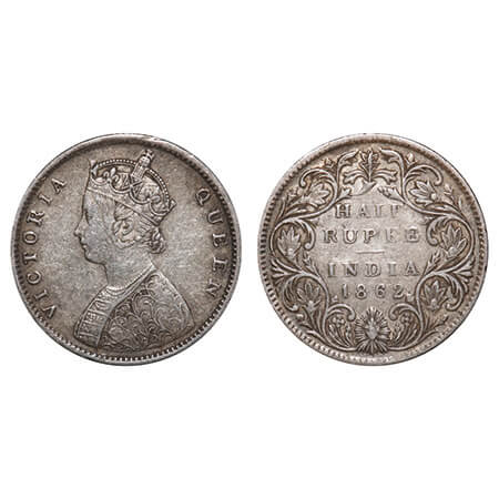 Victoria Queen, Silver, Half Rupee, 1862, Bombay Mint, B1/II, Round Pearls, 5 petals flowe